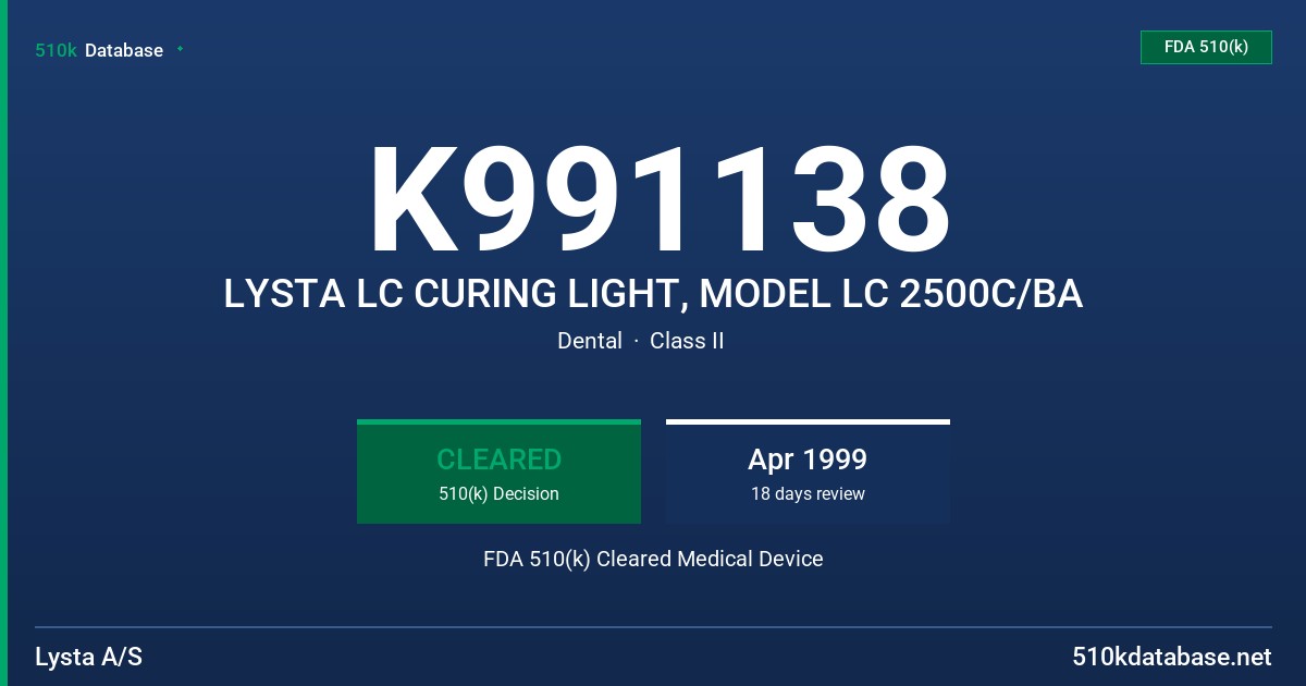 K991138 LYSTA LC CURING LIGHT, MODEL LC 2500C/BA FDA 510(k) Cleared Medical Device