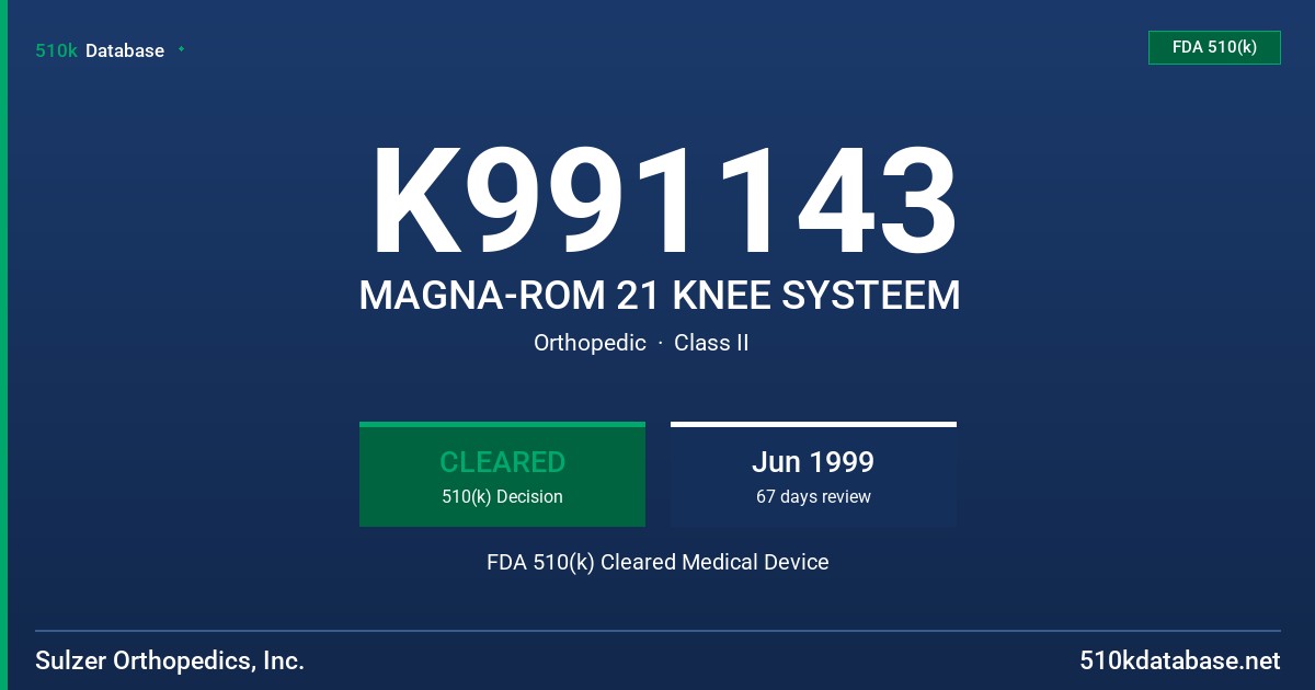 K991143 MAGNA-ROM 21 KNEE SYSTEEM FDA 510(k) Cleared Medical Device