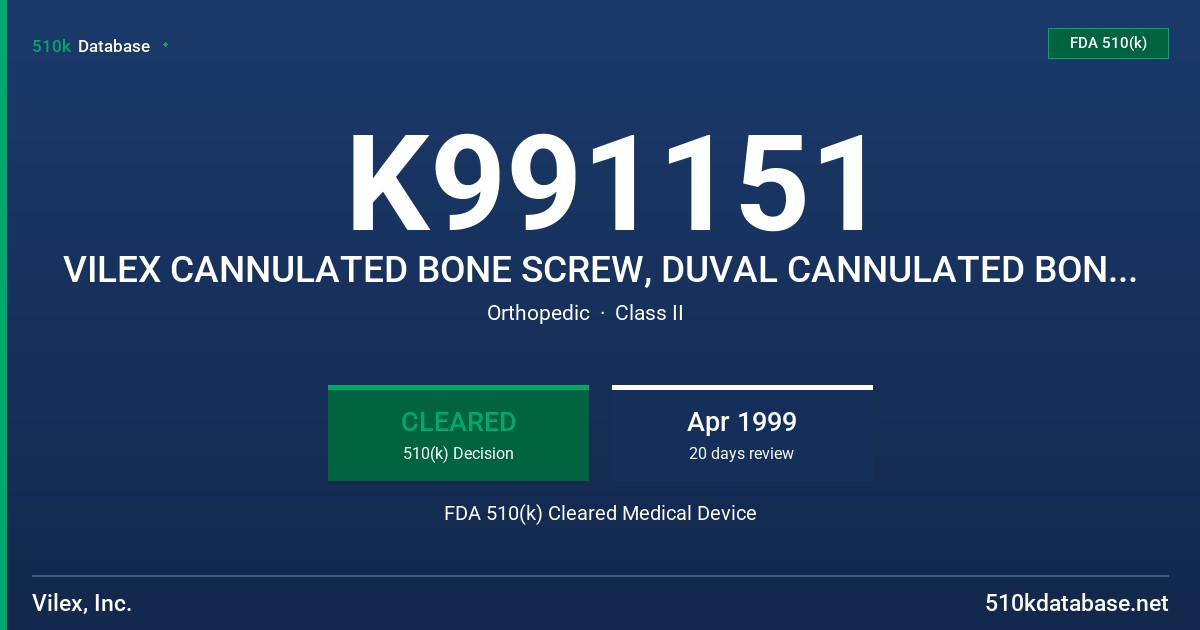 K991151 VILEX CANNULATED BONE SCREW, DUVAL CANNULATED BONE SCREW, ORTHEX CANNULATED BONE SCREW FDA 510(k) Cleared Medical Device