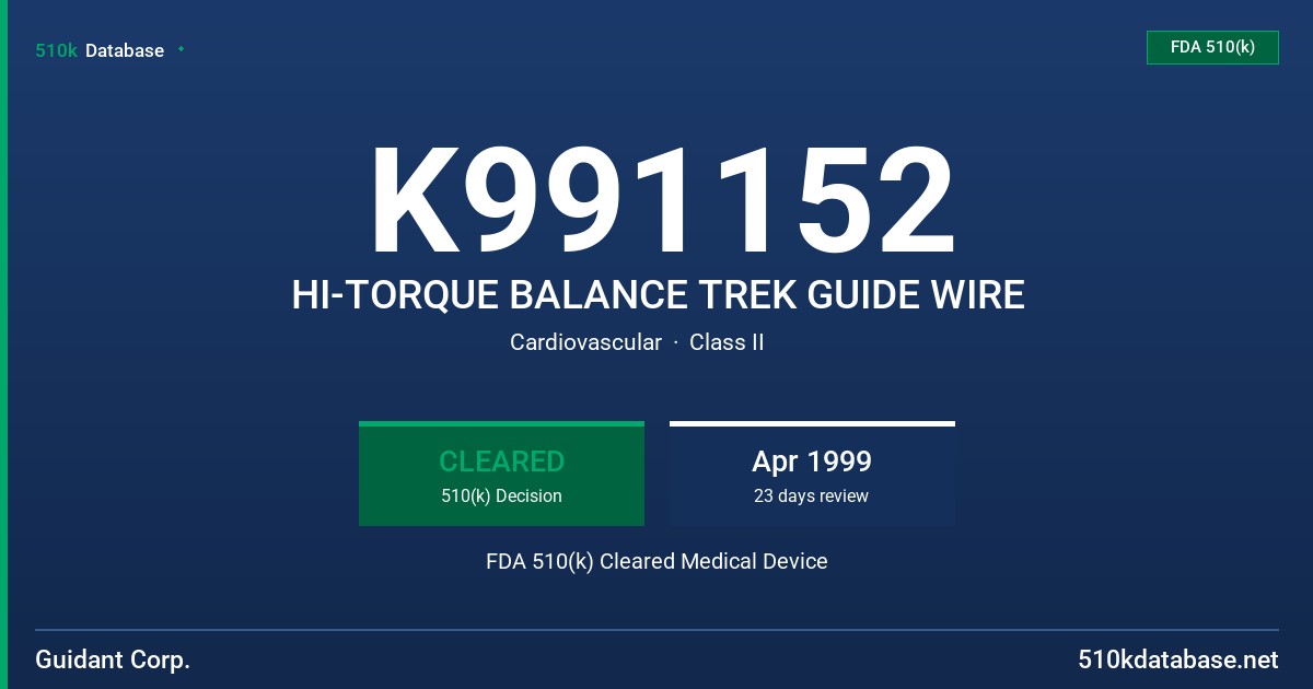 K991152 HI-TORQUE BALANCE TREK GUIDE WIRE FDA 510(k) Cleared Medical Device