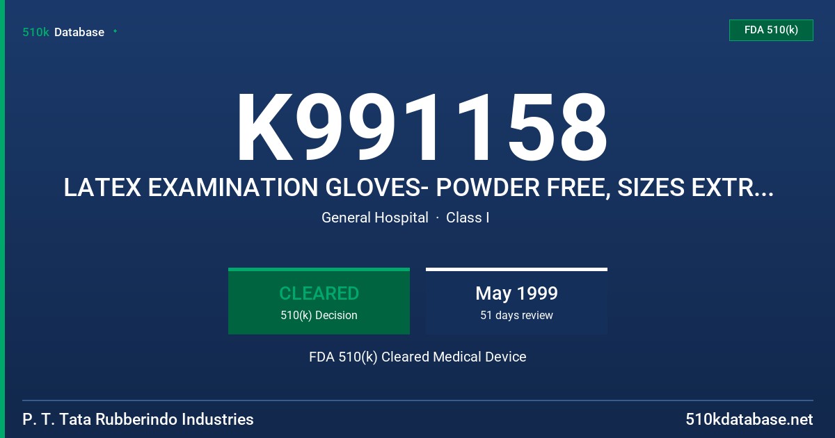 K991158 LATEX EXAMINATION GLOVES- POWDER FREE, SIZES EXTRA SMALL, SMALL,MEDIUM,LARGE,EXTRA LARGE FDA 510(k) Cleared Medical Device