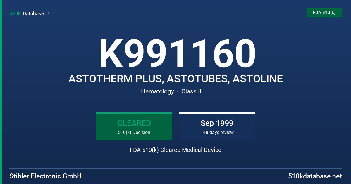 K991160 ASTOTHERM PLUS, ASTOTUBES, ASTOLINE FDA 510(k) Cleared Medical Device