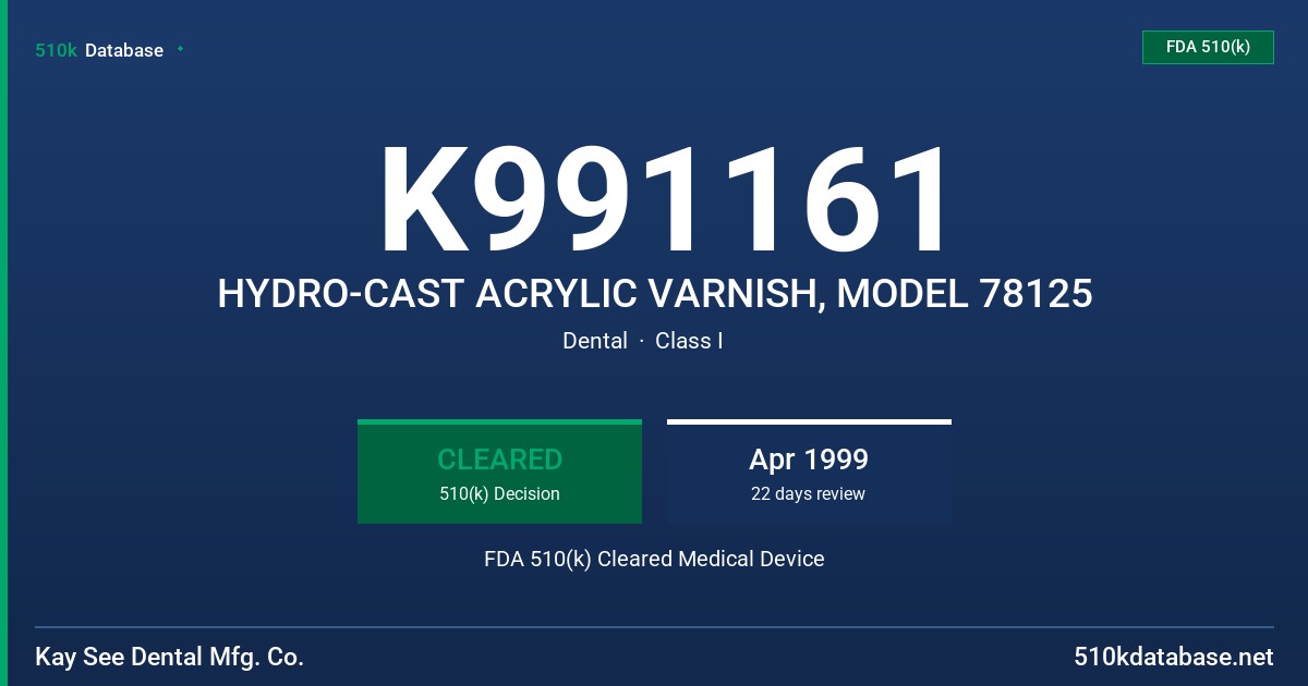 K991161 HYDRO-CAST ACRYLIC VARNISH, MODEL 78125 FDA 510(k) Cleared Medical Device