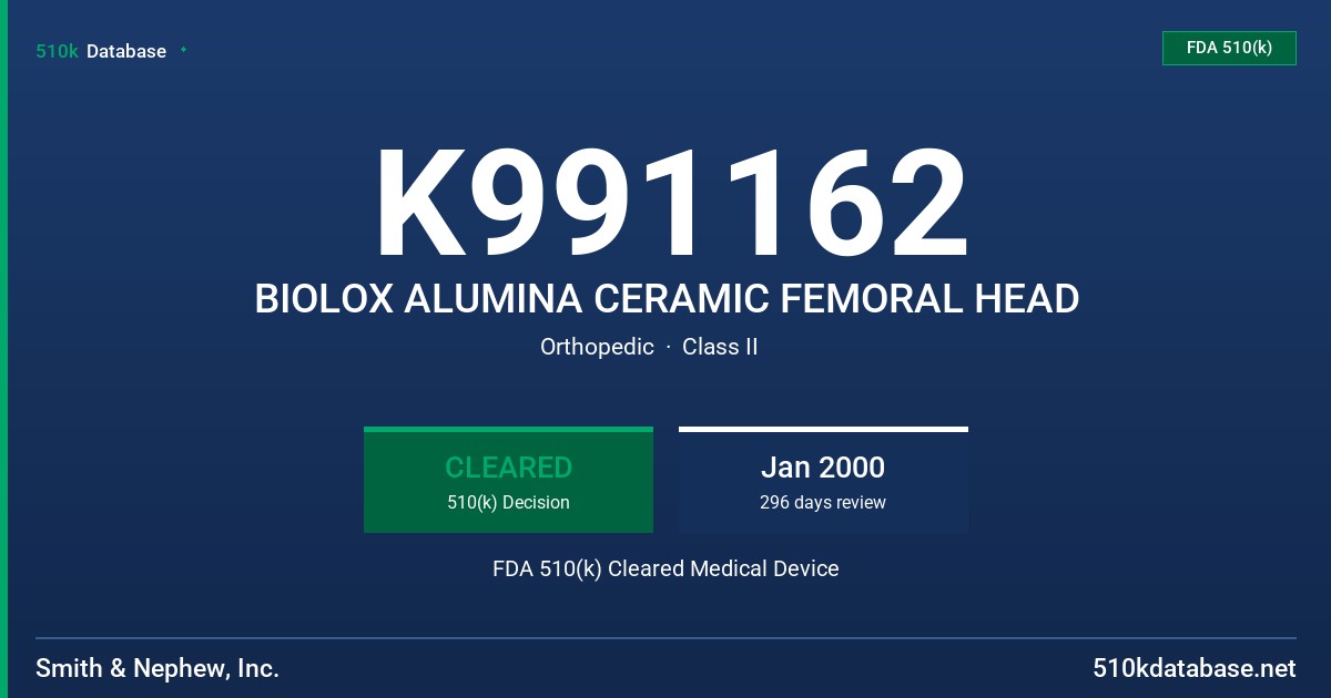 K991162 BIOLOX ALUMINA CERAMIC FEMORAL HEAD FDA 510(k) Cleared Medical Device