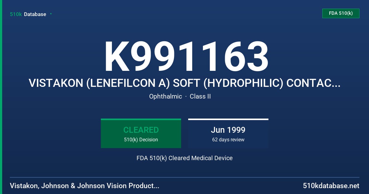 K991163 VISTAKON (LENEFILCON A) SOFT (HYDROPHILIC) CONTACT LENSES, CLEAR AND VISIBILITY TINT, WITH UV BLOCKER, FOR DAILY WEAR FDA 510(k) Cleared Medical Device