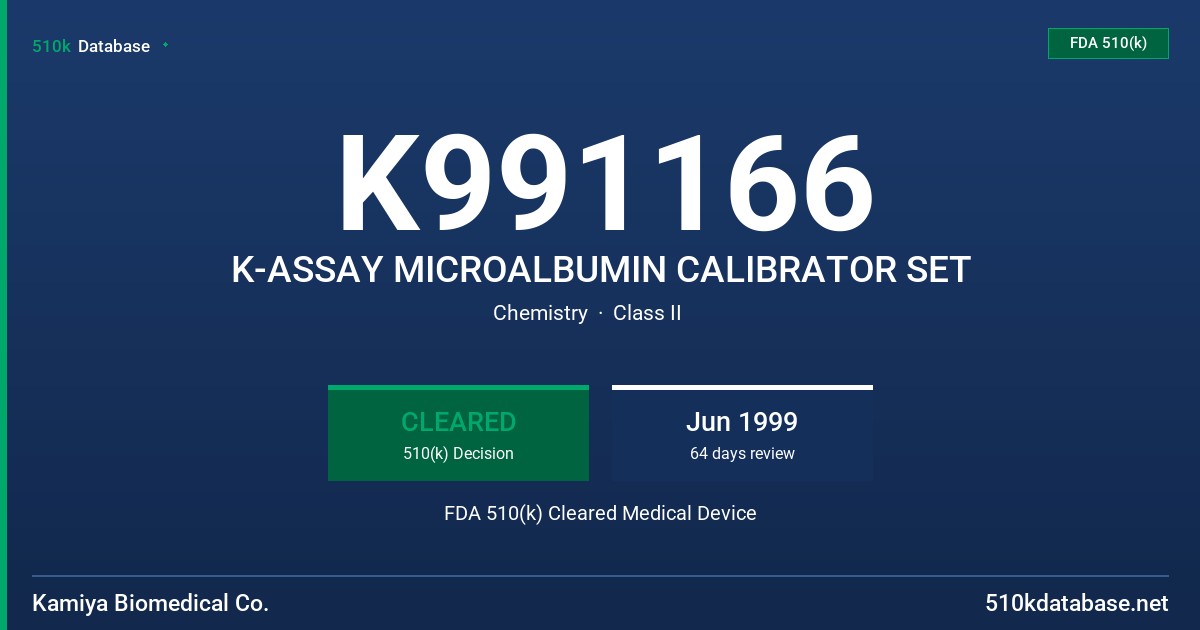 K991166 K-ASSAY MICROALBUMIN CALIBRATOR SET FDA 510(k) Cleared Medical Device