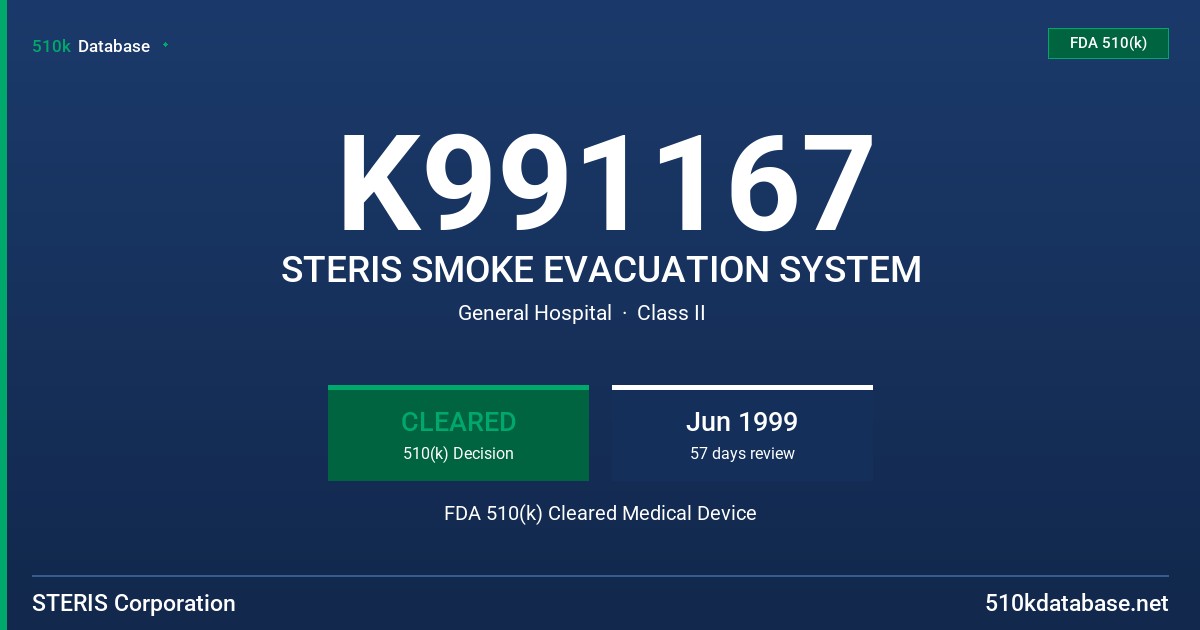 K991167 STERIS SMOKE EVACUATION SYSTEM FDA 510(k) Cleared Medical Device