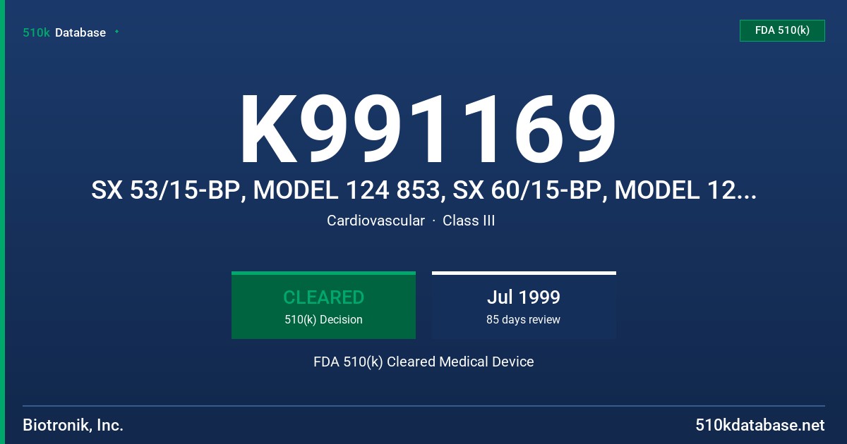 K991169 SX 53/15-BP, MODEL 124 853, SX 60/15-BP, MODEL 124 854 FDA 510(k) Cleared Medical Device
