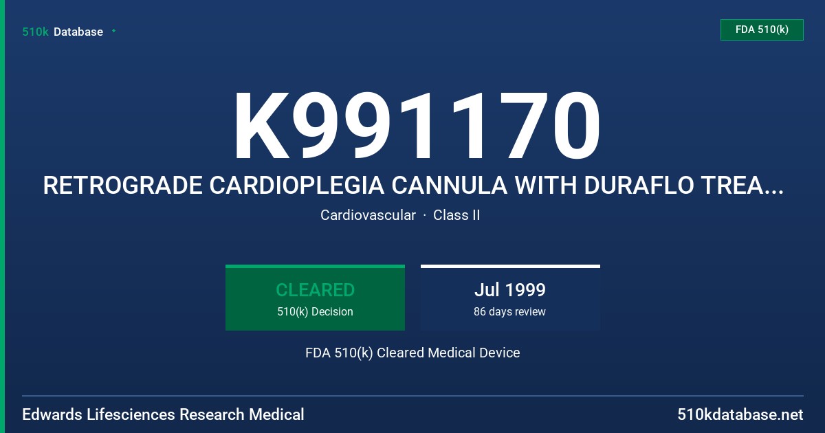 K991170 RETROGRADE CARDIOPLEGIA CANNULA WITH DURAFLO TREATMENT, MODEL DII-RC-014 FDA 510(k) Cleared Medical Device