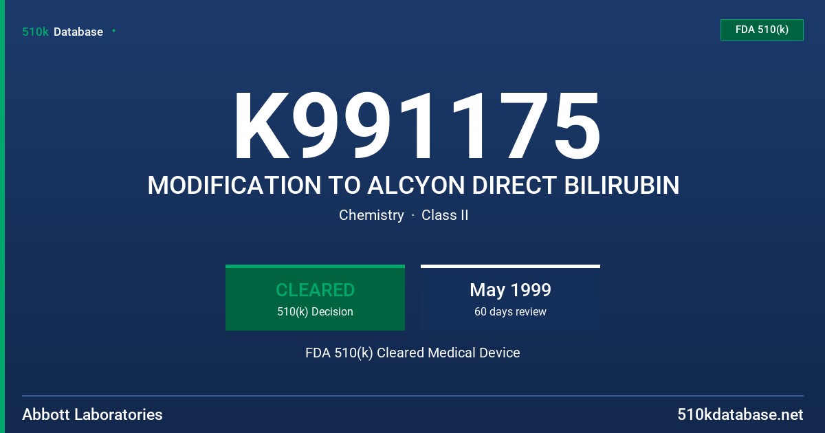K991175 MODIFICATION TO ALCYON DIRECT BILIRUBIN FDA 510(k) Cleared Medical Device