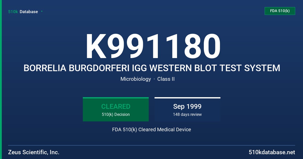 K991180 BORRELIA BURGDORFERI IGG WESTERN BLOT TEST SYSTEM FDA 510(k) Cleared Medical Device