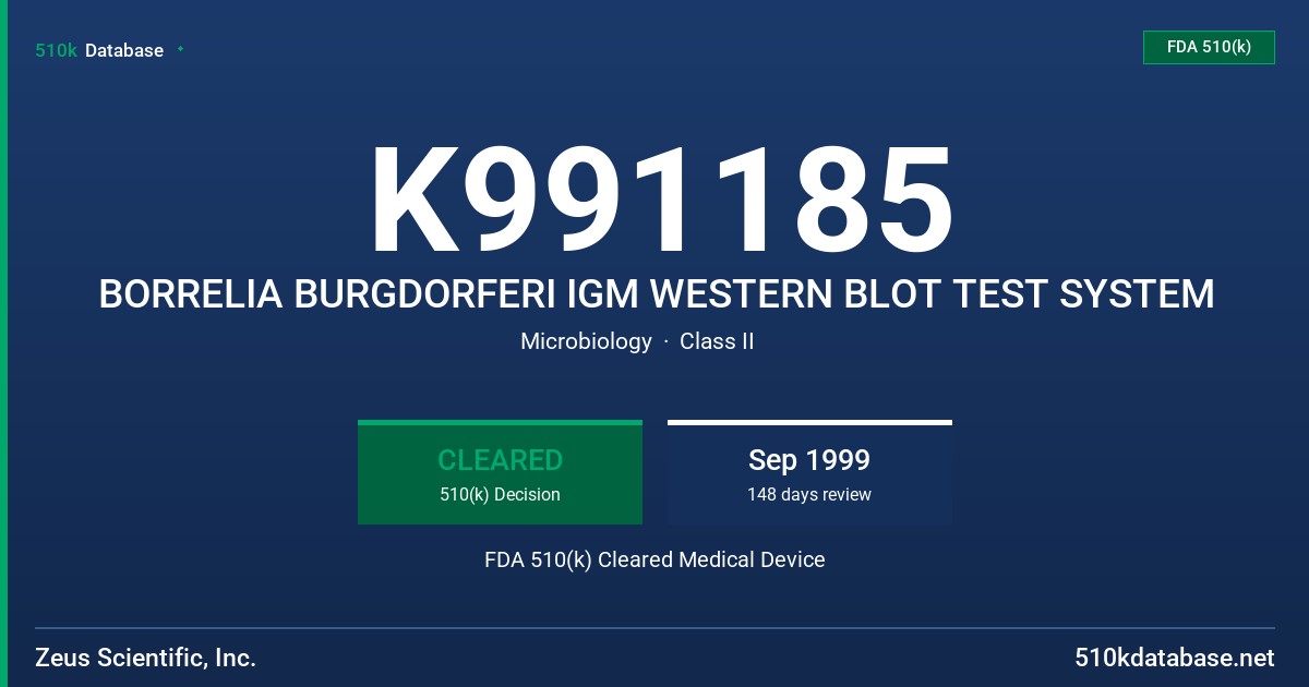 K991185 BORRELIA BURGDORFERI IGM WESTERN BLOT TEST SYSTEM FDA 510(k) Cleared Medical Device