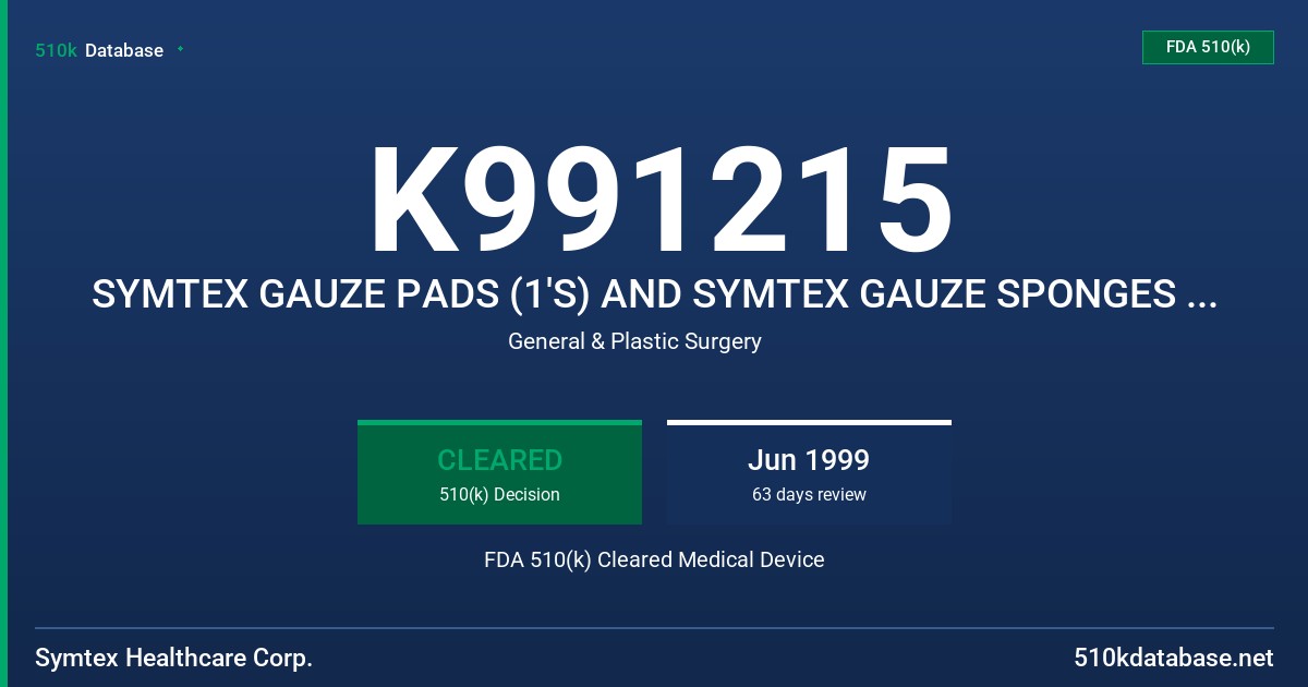K991215 SYMTEX GAUZE PADS (1'S) AND SYMTEX GAUZE SPONGES STERILE 2'S AND STERILE 10'S FDA 510(k) Cleared Medical Device