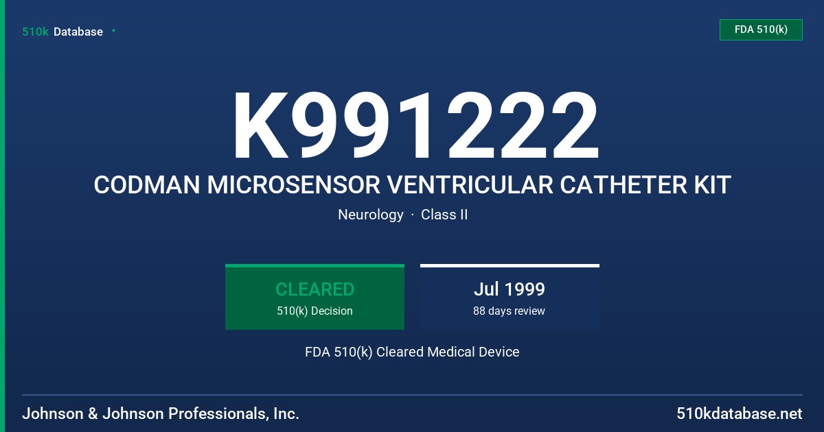 K991222 CODMAN MICROSENSOR VENTRICULAR CATHETER KIT FDA 510(k) Cleared Medical Device
