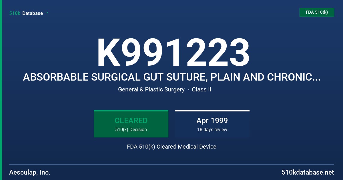 K991223 ABSORBABLE SURGICAL GUT SUTURE, PLAIN AND CHRONIC AND SOFTCAT ABSORBABLE SURGICAL GUT SUTURE, PLAIN AND CHRONIC FDA 510(k) Cleared Medical Device