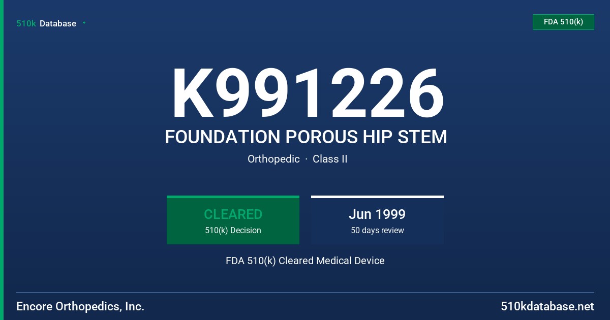 K991226 FOUNDATION POROUS HIP STEM FDA 510(k) Cleared Medical Device