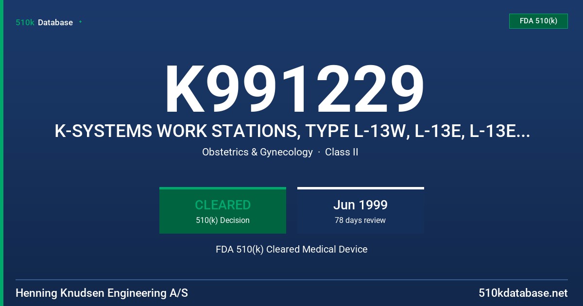 K991229 K-SYSTEMS WORK STATIONS, TYPE L-13W, L-13E, L-13ES, L-13ET, L-13EM, L-23, L-23E, L-24, L-24E, L-25, L-25E, L-26, L-26E,L FDA 510(k) Cleared Medical Device