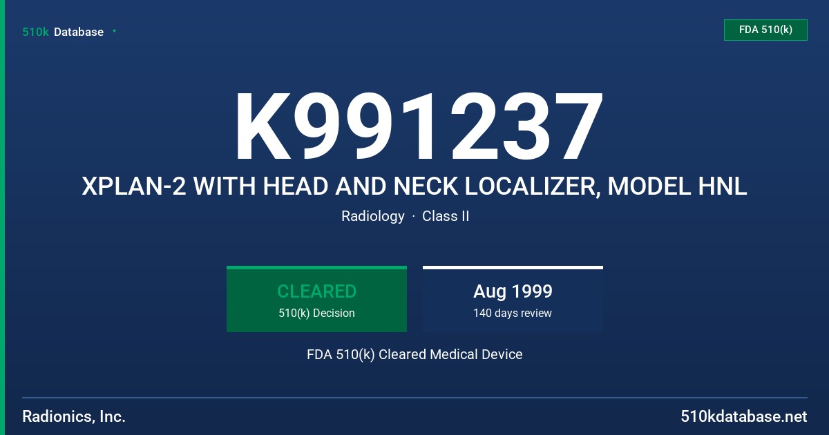 K991237 XPLAN-2 WITH HEAD AND NECK LOCALIZER, MODEL HNL FDA 510(k) Cleared Medical Device