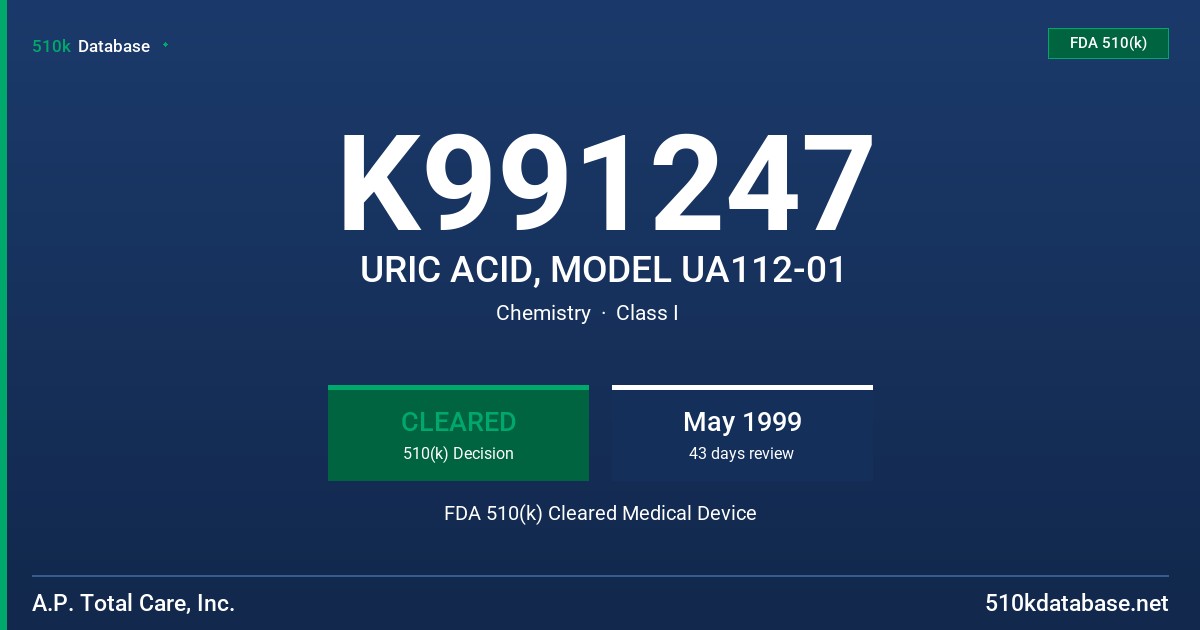 K991247 URIC ACID, MODEL UA112-01 FDA 510(k) Cleared Medical Device