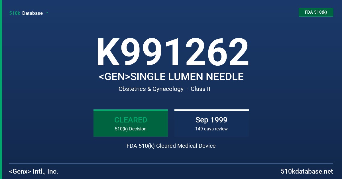 K991262 <GEN>SINGLE LUMEN NEEDLE FDA 510(k) Cleared Medical Device