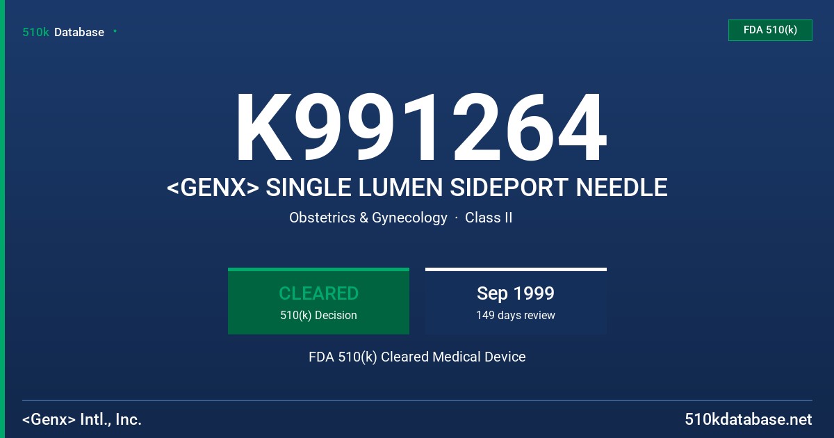 K991264 <GENX> SINGLE LUMEN SIDEPORT NEEDLE FDA 510(k) Cleared Medical Device