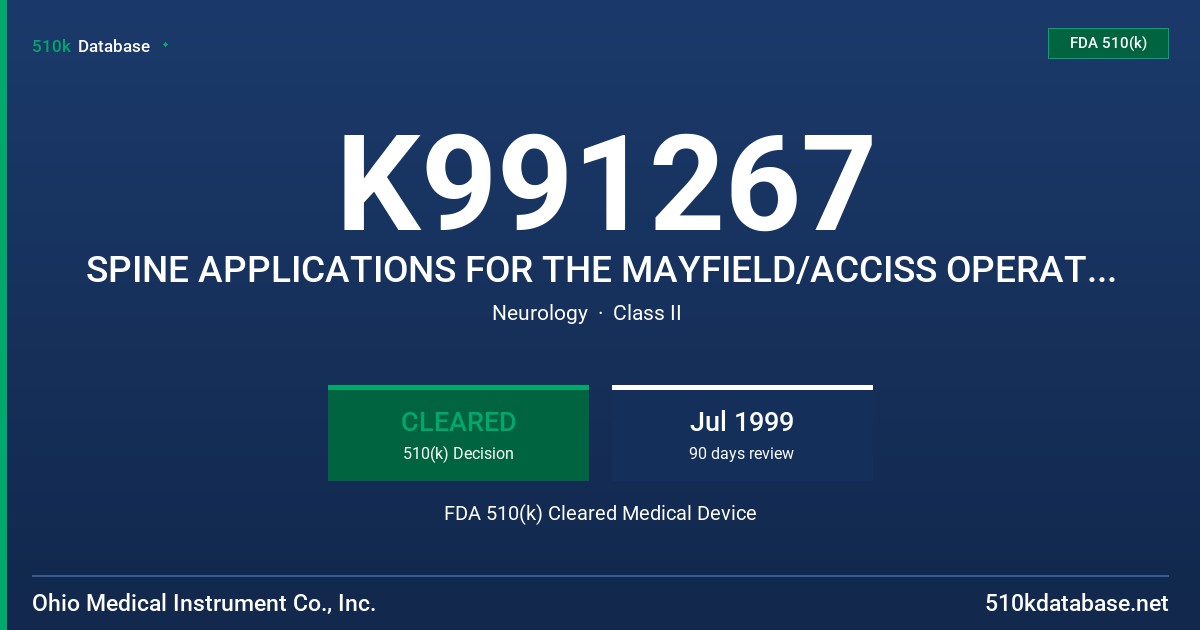 K991267 SPINE APPLICATIONS FOR THE MAYFIELD/ACCISS OPERATING ARM AND OPTICAL ACCISS SYSTEMS MODULE, MAYFIELD/ACCISS SPINE RING A FDA 510(k) Cleared Medical Device