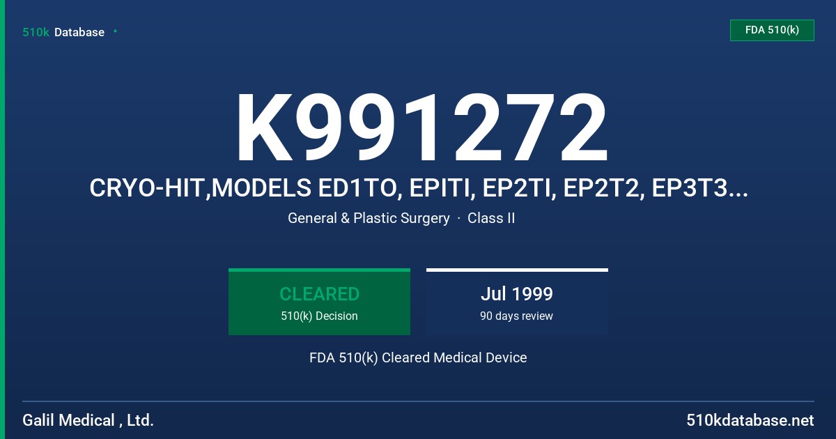 K991272 CRYO-HIT,MODELS ED1TO, EPITI, EP2TI, EP2T2, EP3T3, EP4T2, EPT3, EP4T4,EP5T2, EP5T3, EP5T5, EP6T5,EP7T3,EP7T5,EP8T3,AND E FDA 510(k) Cleared Medical Device