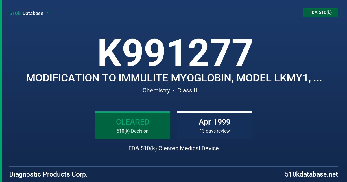K991277 MODIFICATION TO IMMULITE MYOGLOBIN, MODEL LKMY1, LKMY5 FDA 510(k) Cleared Medical Device
