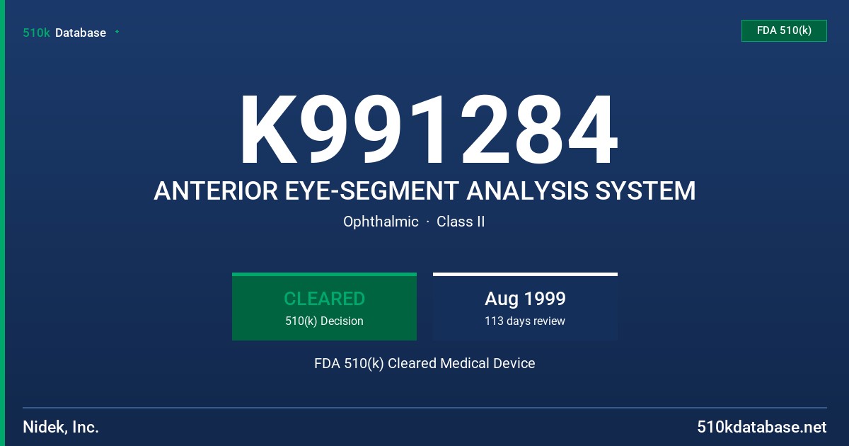 K991284 ANTERIOR EYE-SEGMENT ANALYSIS SYSTEM FDA 510(k) Cleared Medical Device