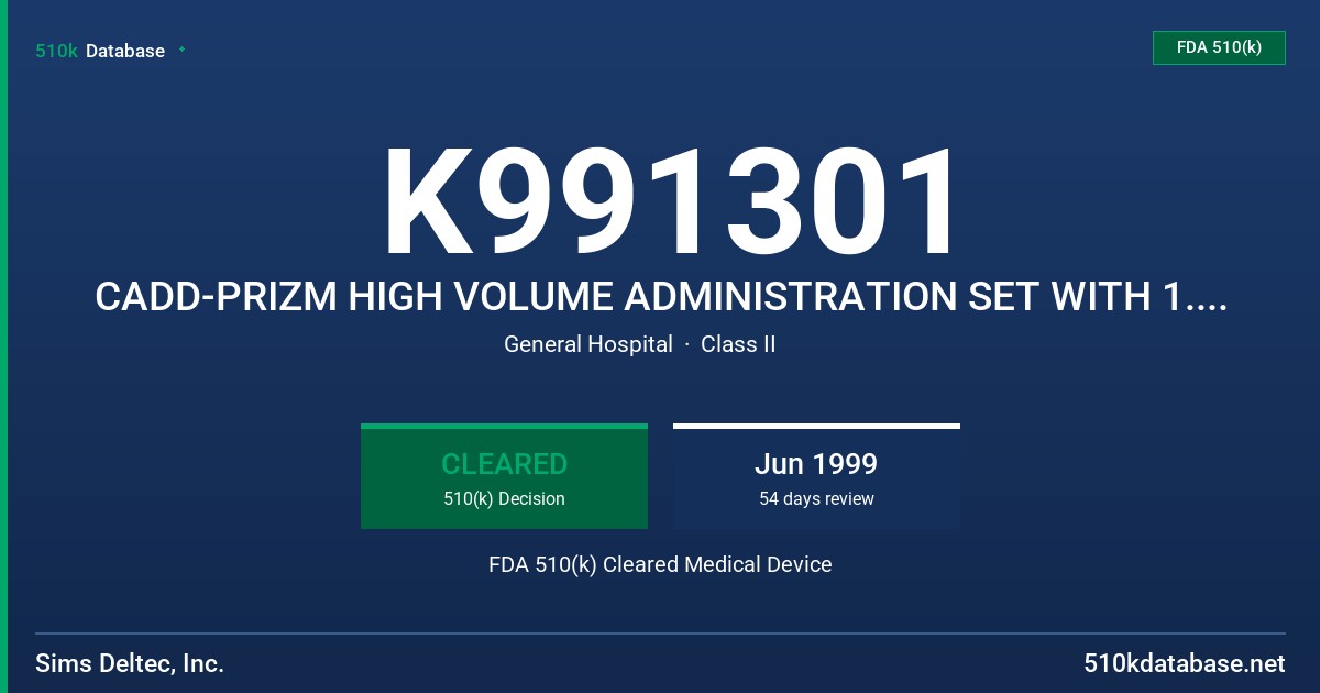 K991301 CADD-PRIZM HIGH VOLUME ADMINISTRATION SET WITH 1.2 U FILTER AND ADD-ON ANTI-SIPHON VALVE, CADD ADMINISTRATION SET WITH 1 FDA 510(k) Cleared Medical Device