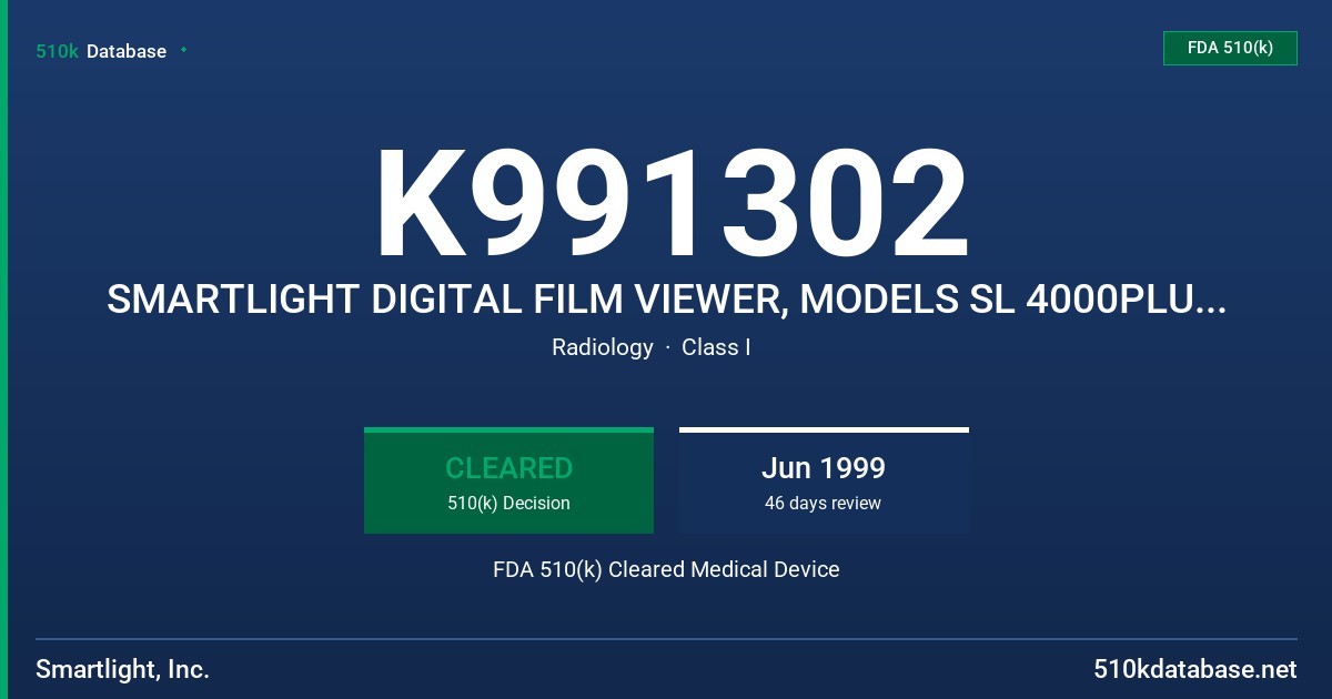 K991302 SMARTLIGHT DIGITAL FILM VIEWER, MODELS SL 4000PLUS, SL 2000PLUS FDA 510(k) Cleared Medical Device