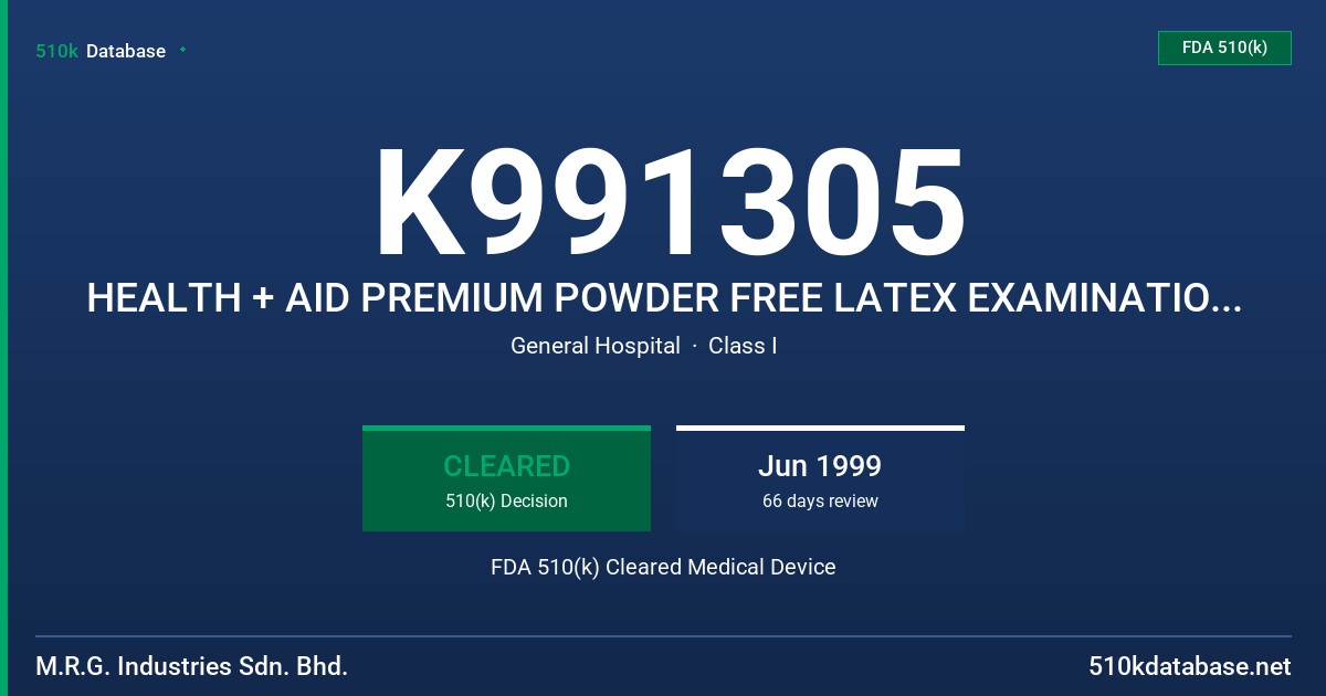 K991305 HEALTH + AID PREMIUM POWDER FREE LATEX EXAMINATION GLOVES FDA 510(k) Cleared Medical Device