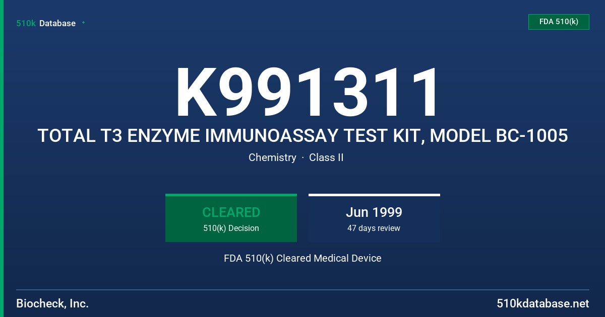 K991311 TOTAL T3 ENZYME IMMUNOASSAY TEST KIT, MODEL BC-1005 FDA 510(k) Cleared Medical Device