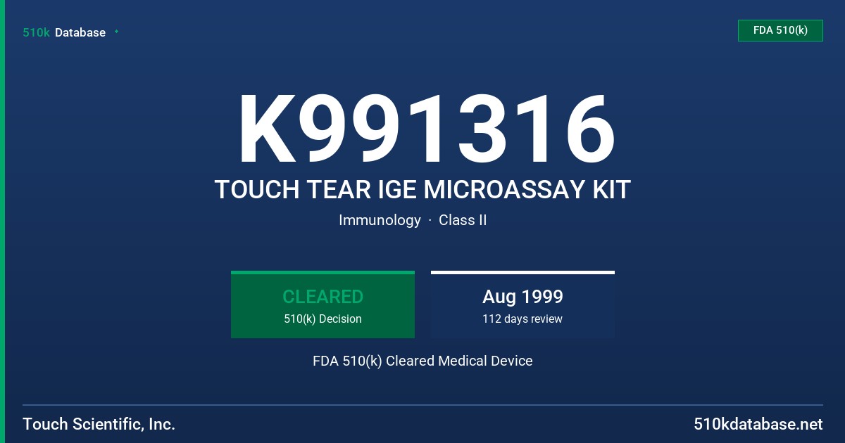 K991316 TOUCH TEAR IGE MICROASSAY KIT FDA 510(k) Cleared Medical Device
