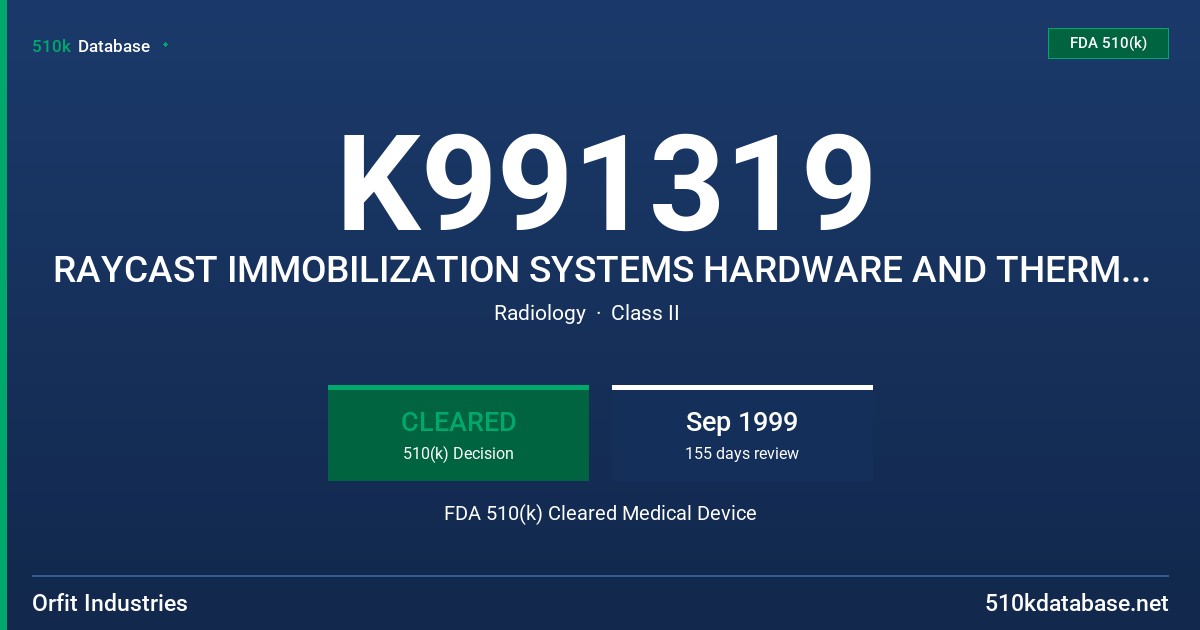 K991319 RAYCAST IMMOBILIZATION SYSTEMS HARDWARE AND THERMOPLASTIC MATERIALS FDA 510(k) Cleared Medical Device