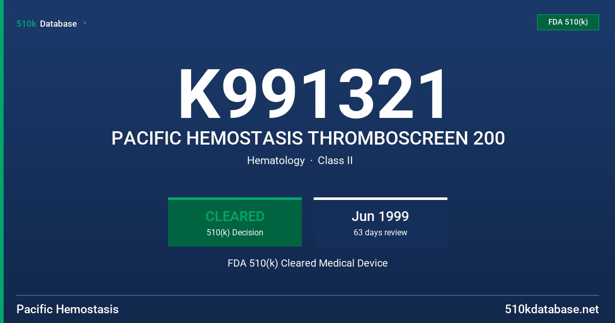 K991321 PACIFIC HEMOSTASIS THROMBOSCREEN 200 FDA 510(k) Cleared Medical Device