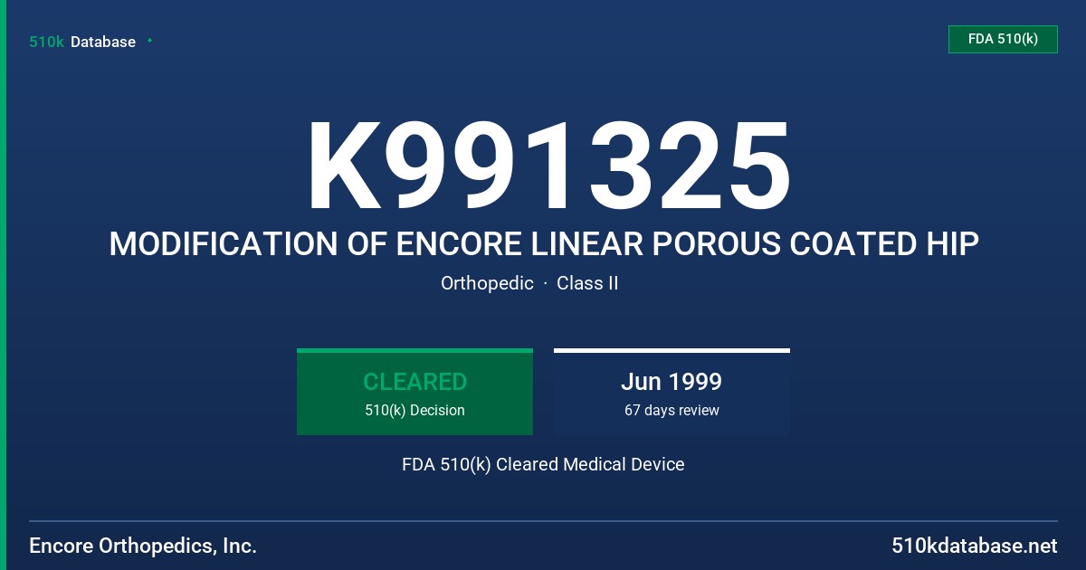 K991325 MODIFICATION OF ENCORE LINEAR POROUS COATED HIP FDA 510(k) Cleared Medical Device