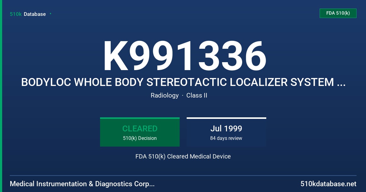 K991336 BODYLOC WHOLE BODY STEREOTACTIC LOCALIZER SYSTEM FOR RADIOTHERAPY FDA 510(k) Cleared Medical Device