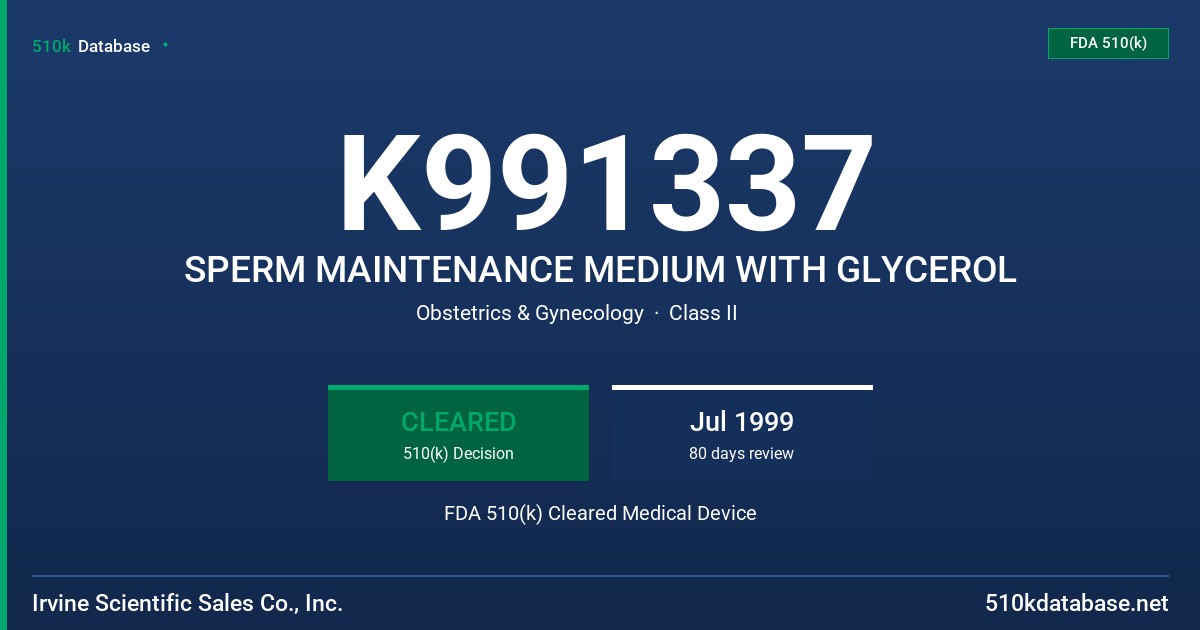 K991337 SPERM MAINTENANCE MEDIUM WITH GLYCEROL FDA 510(k) Cleared Medical Device