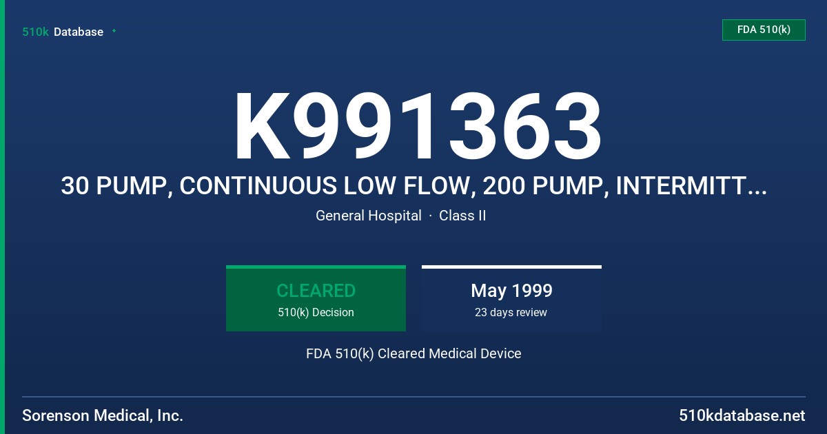K991363 30 PUMP, CONTINUOUS LOW FLOW, 200 PUMP, INTERMITTENT WITH KVO OR CONTINUOUS, PCA PUMP, PAIN MANAGEMENT, PCEA PUMP, EPIDU FDA 510(k) Cleared Medical Device