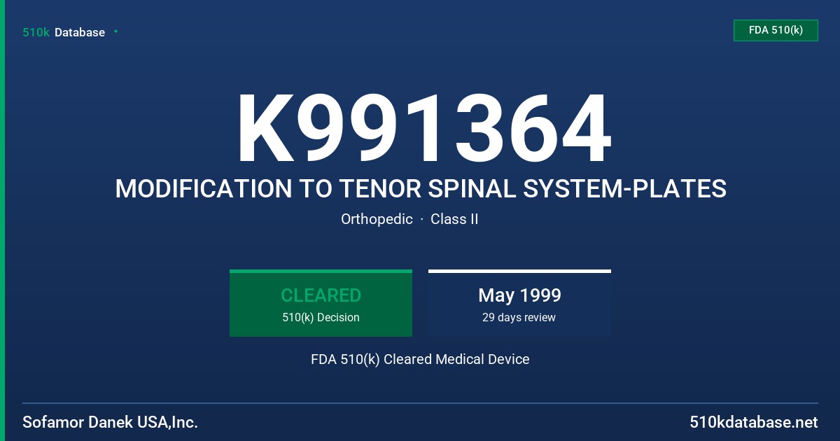 K991364 MODIFICATION TO TENOR SPINAL SYSTEM-PLATES FDA 510(k) Cleared Medical Device
