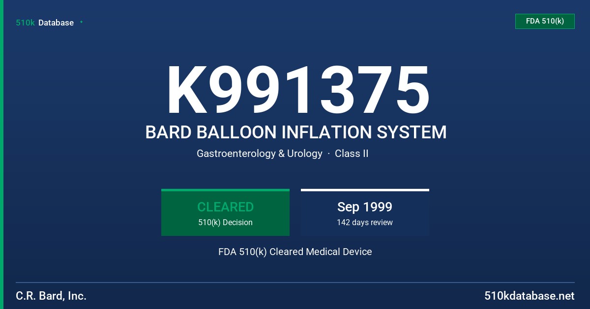 K991375 BARD BALLOON INFLATION SYSTEM FDA 510(k) Cleared Medical Device
