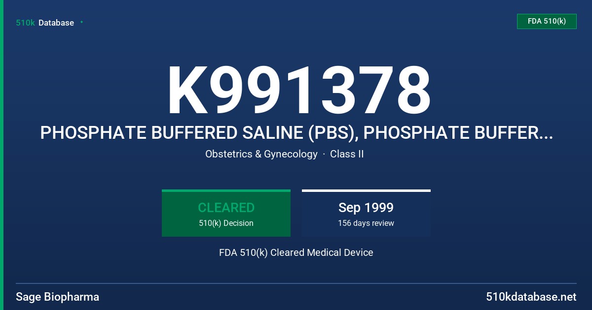 K991378 PHOSPHATE BUFFERED SALINE (PBS), PHOSPHATE BUFFERED SALINE WITH CALCIUM, MAGNESIUM, GLUCOSE, PYRUVATE AND PHENOL RED FDA 510(k) Cleared Medical Device