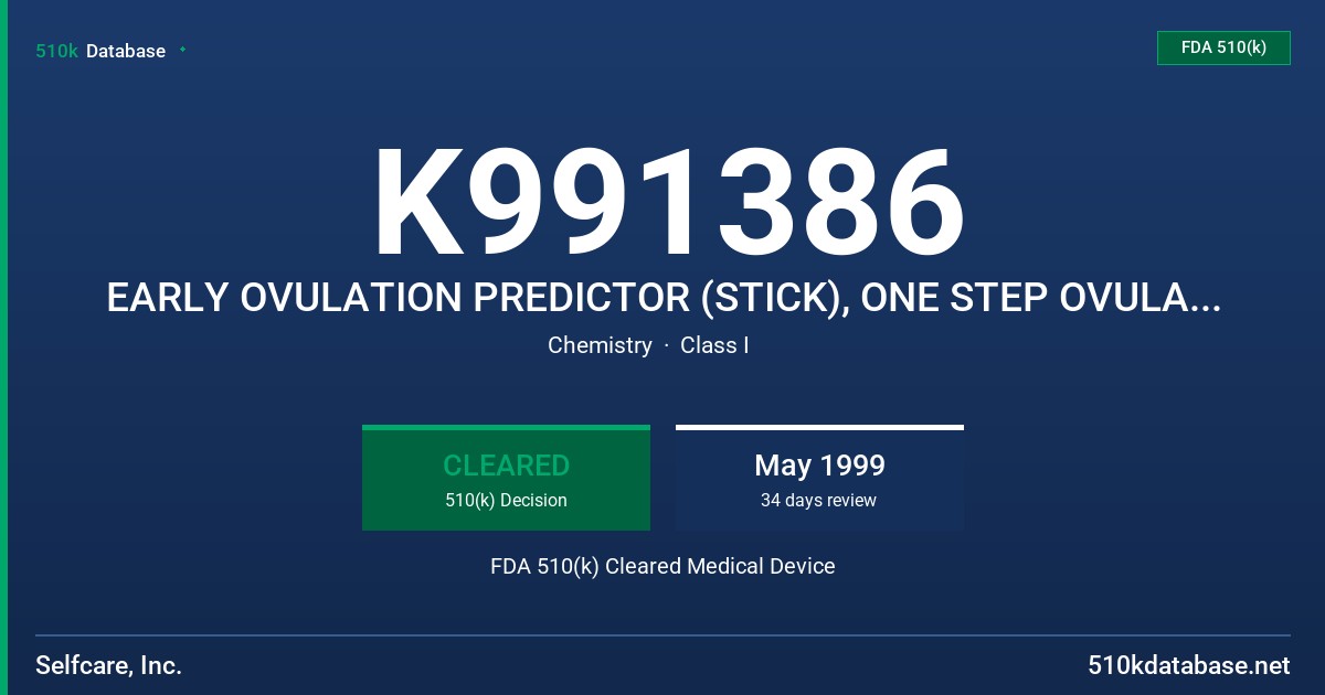 K991386 EARLY OVULATION PREDICTOR (STICK), ONE STEP OVULATION PREDICTOR (STICK), OVULATION PREDICTOR (STICK) FDA 510(k) Cleared Medical Device