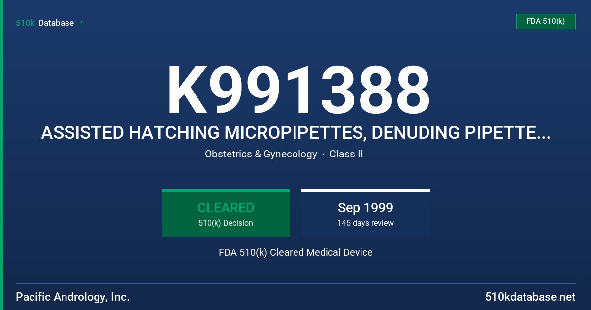 K991388 ASSISTED HATCHING MICROPIPETTES, DENUDING PIPETTES, HOLDING MICROPIPETTES, ICSI MICROPIPETTES, PARTIAL ZONE DISSECTION M FDA 510(k) Cleared Medical Device