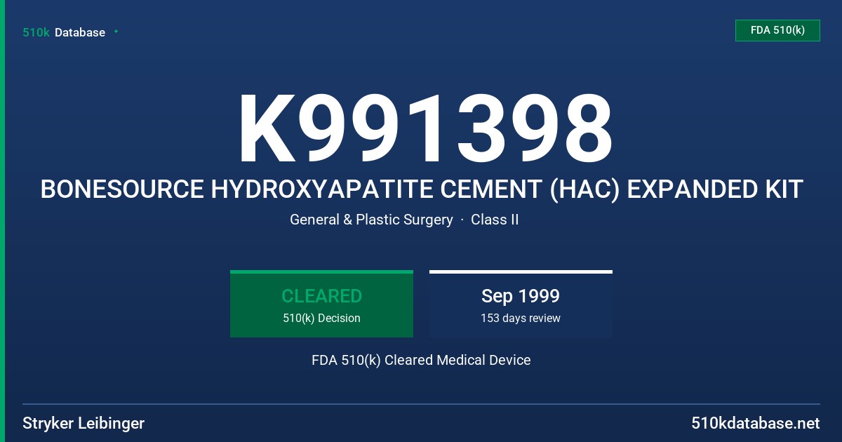 K991398 BONESOURCE HYDROXYAPATITE CEMENT (HAC) EXPANDED KIT FDA 510(k) Cleared Medical Device