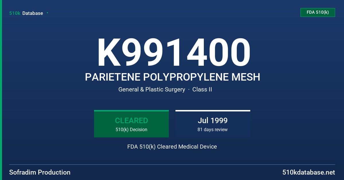 K991400 PARIETENE POLYPROPYLENE MESH FDA 510(k) Cleared Medical Device