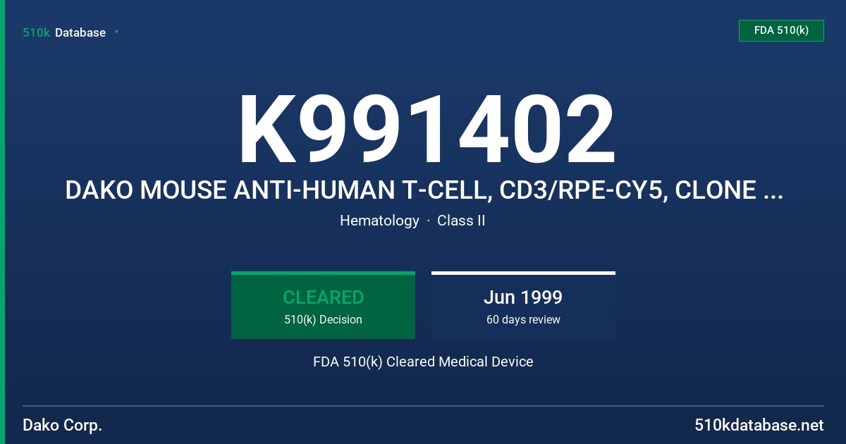 K991402 DAKO MOUSE ANTI-HUMAN T-CELL, CD3/RPE-CY5, CLONE UCHT1 & DAKO MOUSE ANTI-HUMAN T-CELL, CD3/RPE, CLONE UCHT1 FDA 510(k) Cleared Medical Device