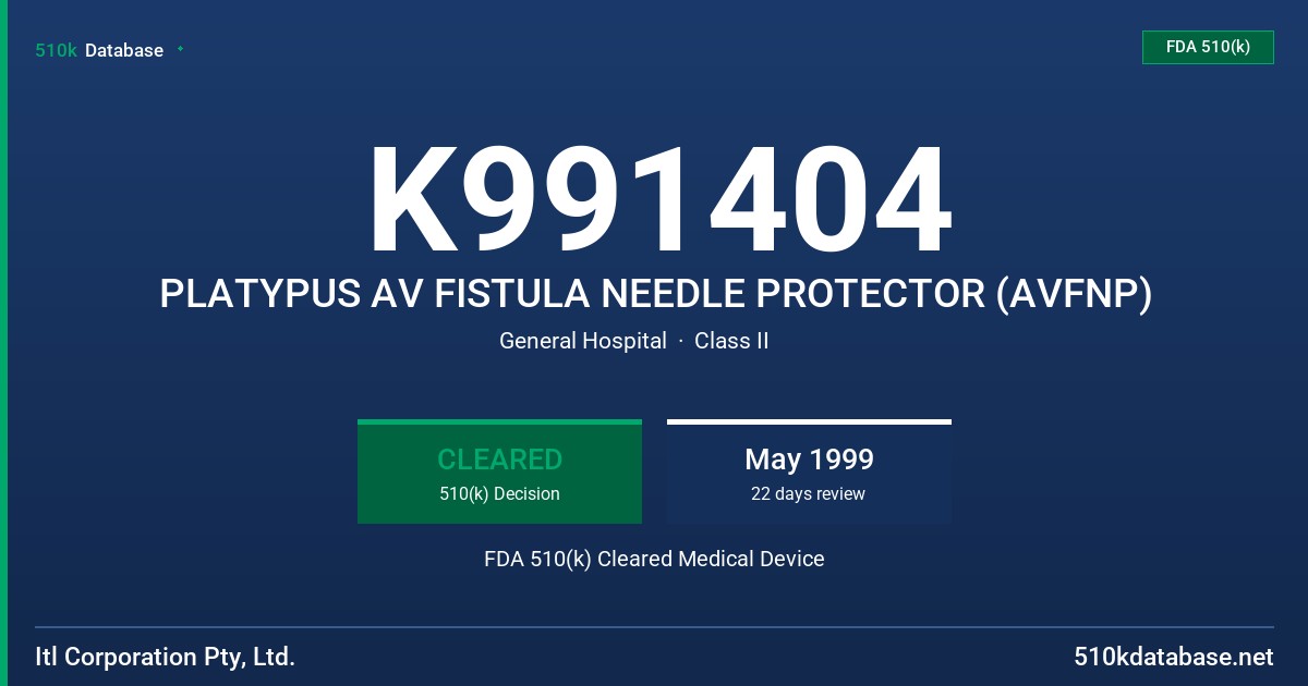 K991404 PLATYPUS AV FISTULA NEEDLE PROTECTOR (AVFNP) FDA 510(k) Cleared Medical Device