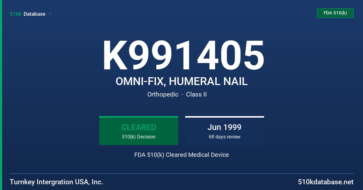 K991405 OMNI-FIX, HUMERAL NAIL FDA 510(k) Cleared Medical Device